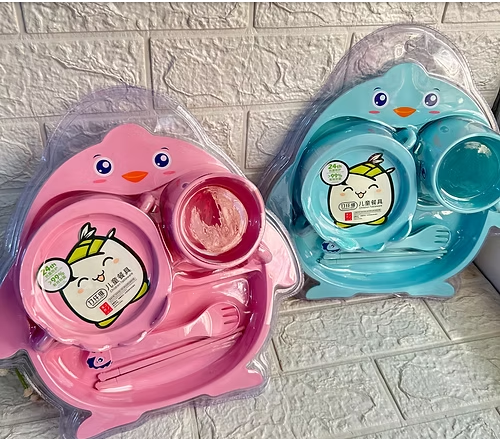Baby Feeding Set - Cartoon Penguin Shape, Kids Plate Bowl Spoon Fork with Cup - BPA Free - Pink ,yellow & Blue - 4
